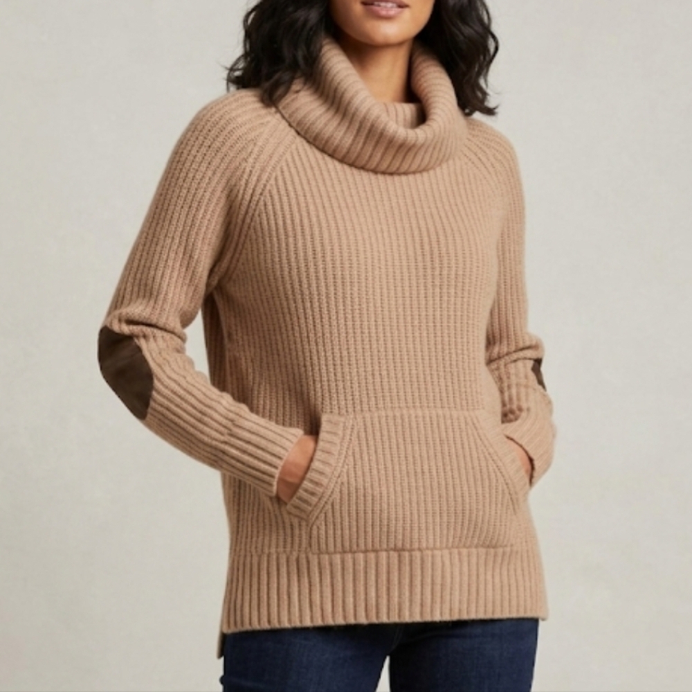 AUTUMN CASHMERE Cowl Neck Sweater  Women S Camel Leather Elbow Patch Wool Cozy
